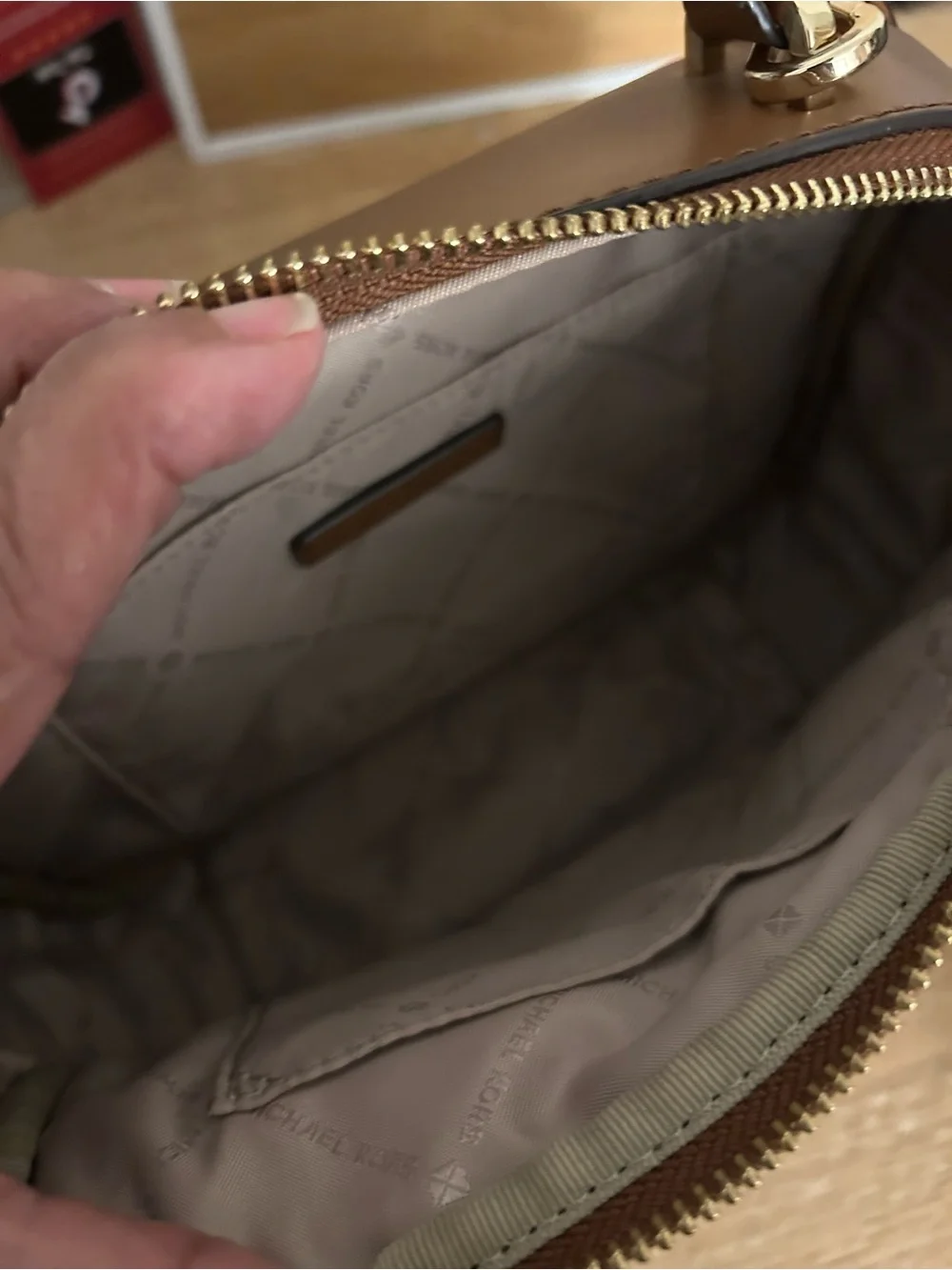 Michael Kors Tan Leather Top-Zip Crossbody Bag with Gold Hardware